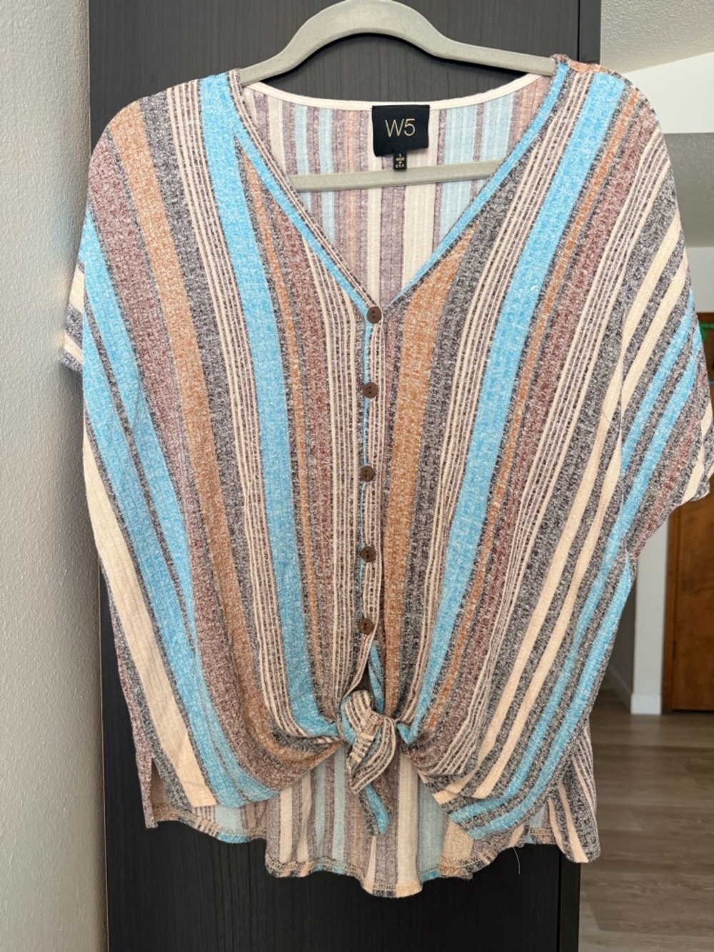 W5 Vertical Stripe Button-Front Tie Hem Top in Blue, Brown & Cream